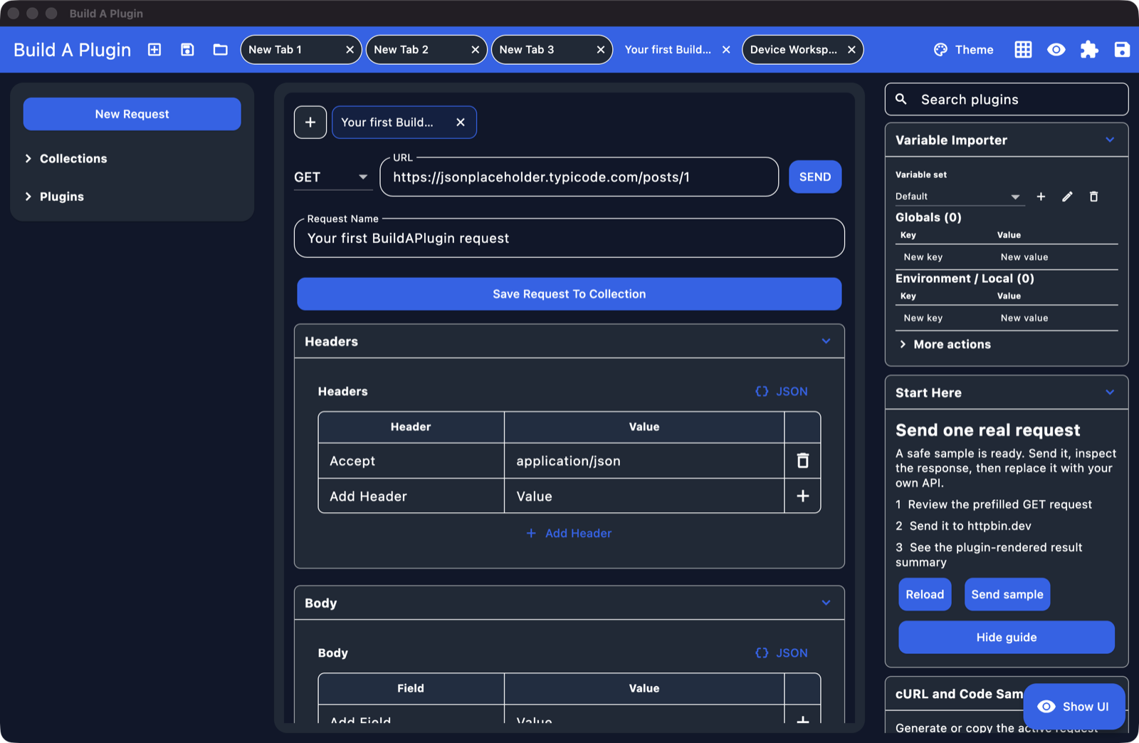 BuildAPlugin REST client in a blue theme with a JSON response