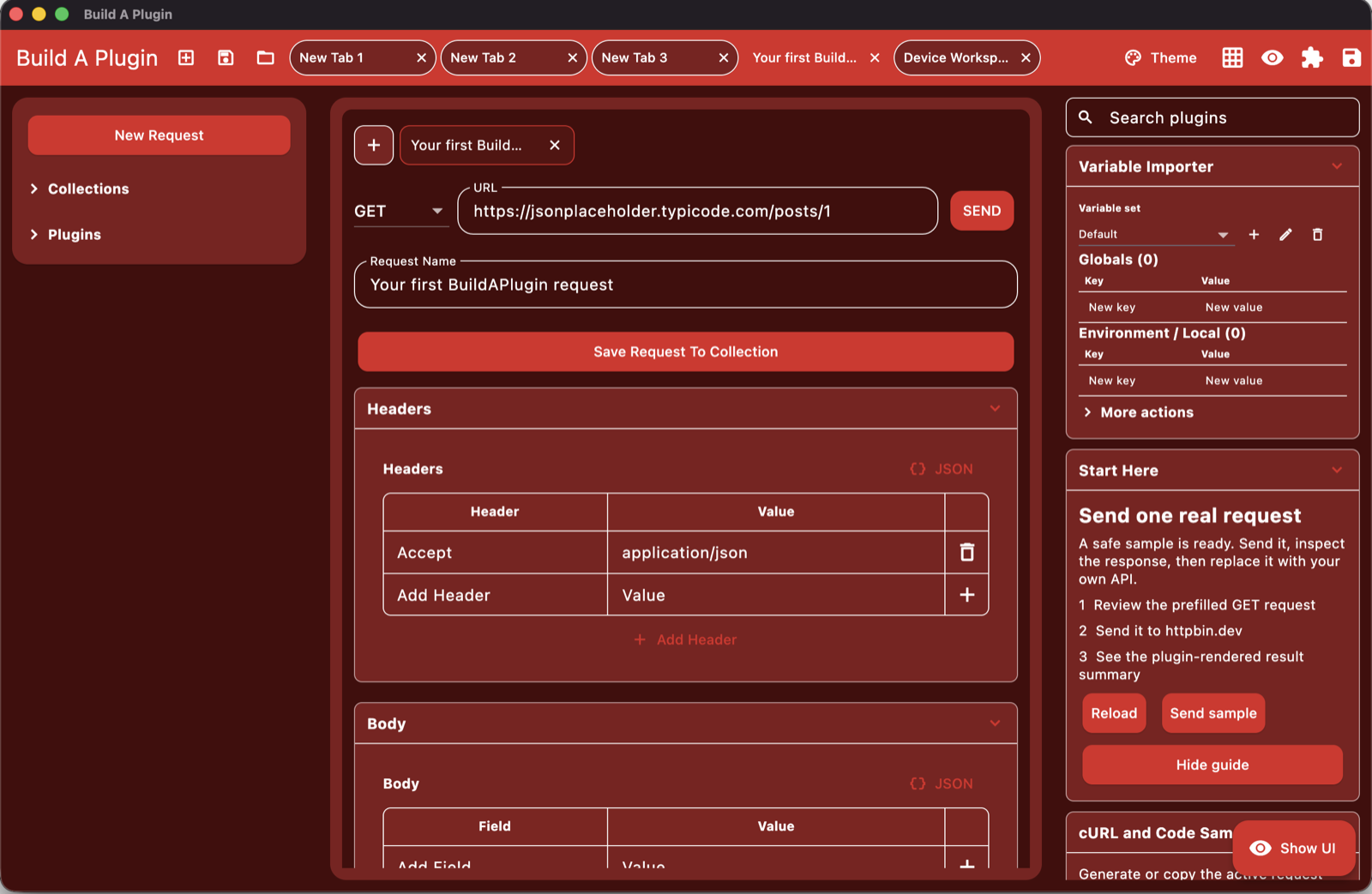 BuildAPlugin REST client in a red theme with response tools