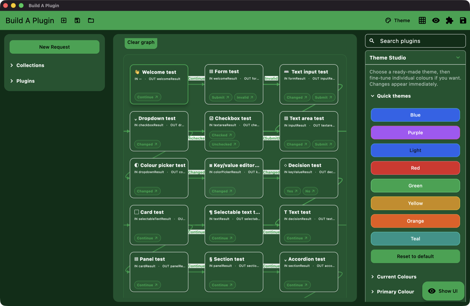 BuildAPlugin REST client and visual app graph builder in a green theme